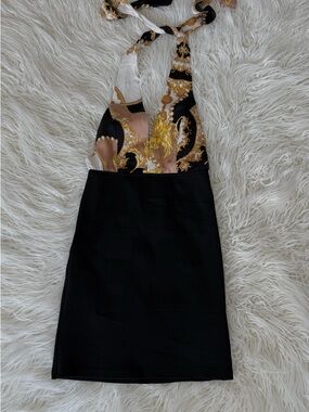 Sexy Baroque Gold & Black Halter Dress - Y2K / Luxury Vibe, size S